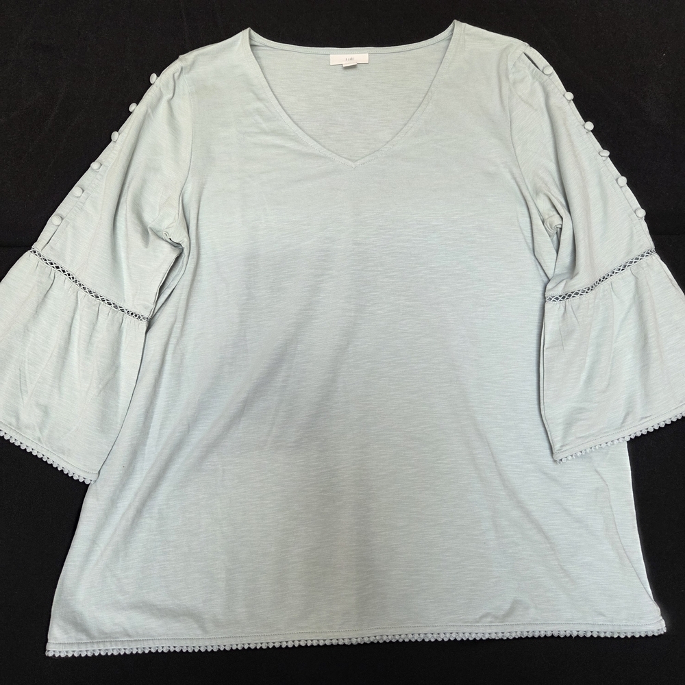 J. Jill Top Medium 3/4 Bell Sleeve Dainty Pompom Trim - Picture 2 of 9